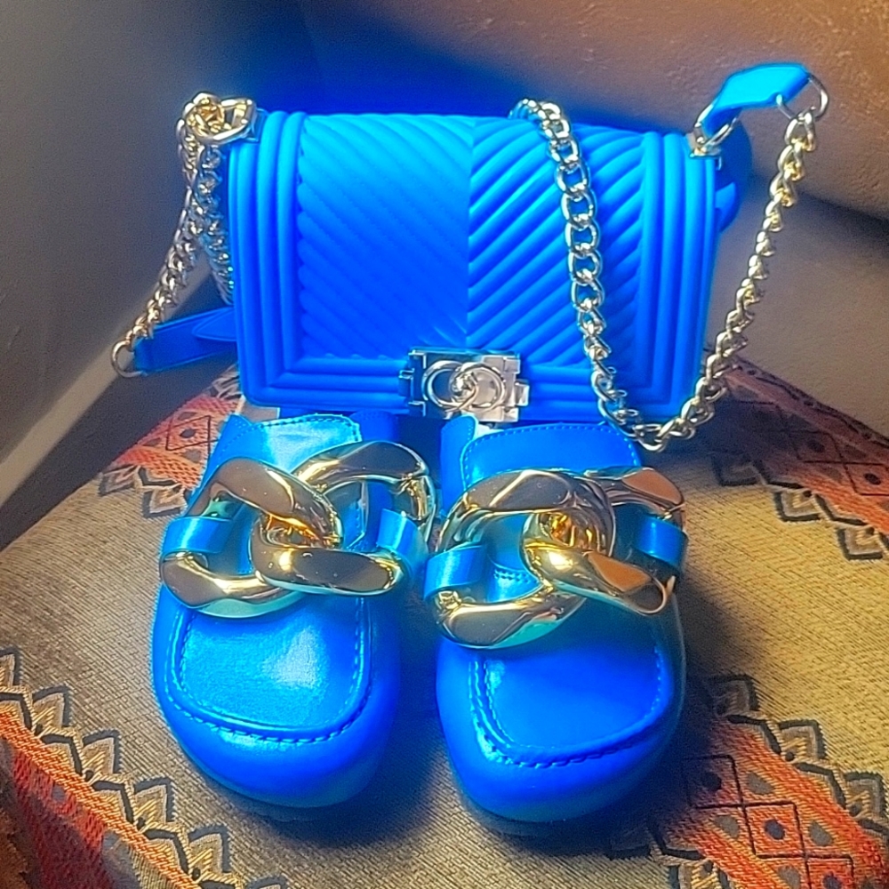 Cape Robbin Royal Blue Chain Slide Sandals with Gold Accent